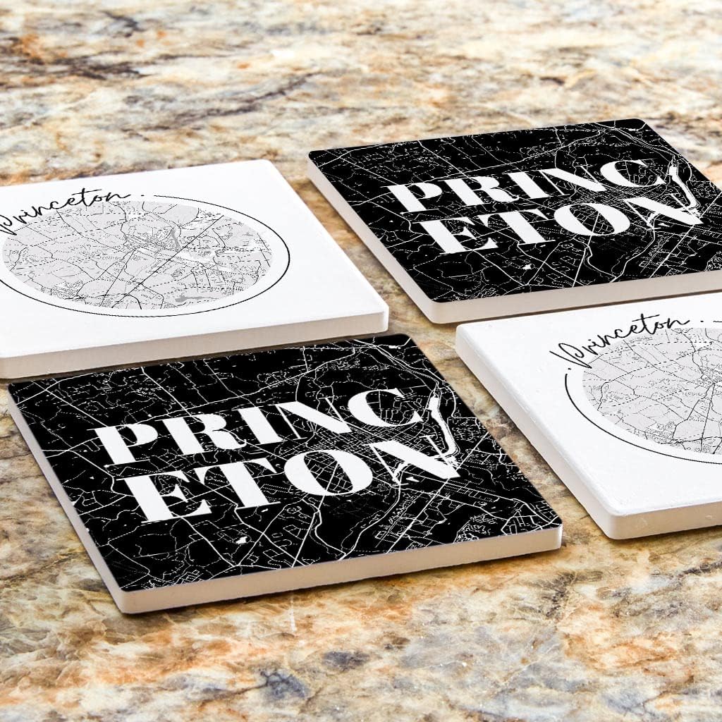 Minimalistic B&W New Jersey Princeton Maps, Joyride Home Decor, 4 posavasos de cerámica, posavasos cuadrados de 4 pulgadas, juego de 4, parte