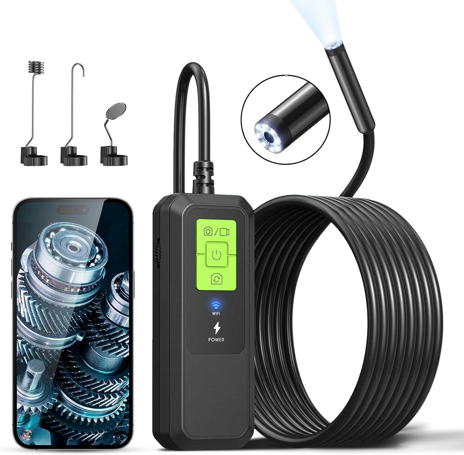 Cámara endoscopio con luz, cámara de inspección WiFi para iOS 9.0+ y Android 4.4+, 1280P HD multiesceno uso boroscopio, cámara serpiente con IP67