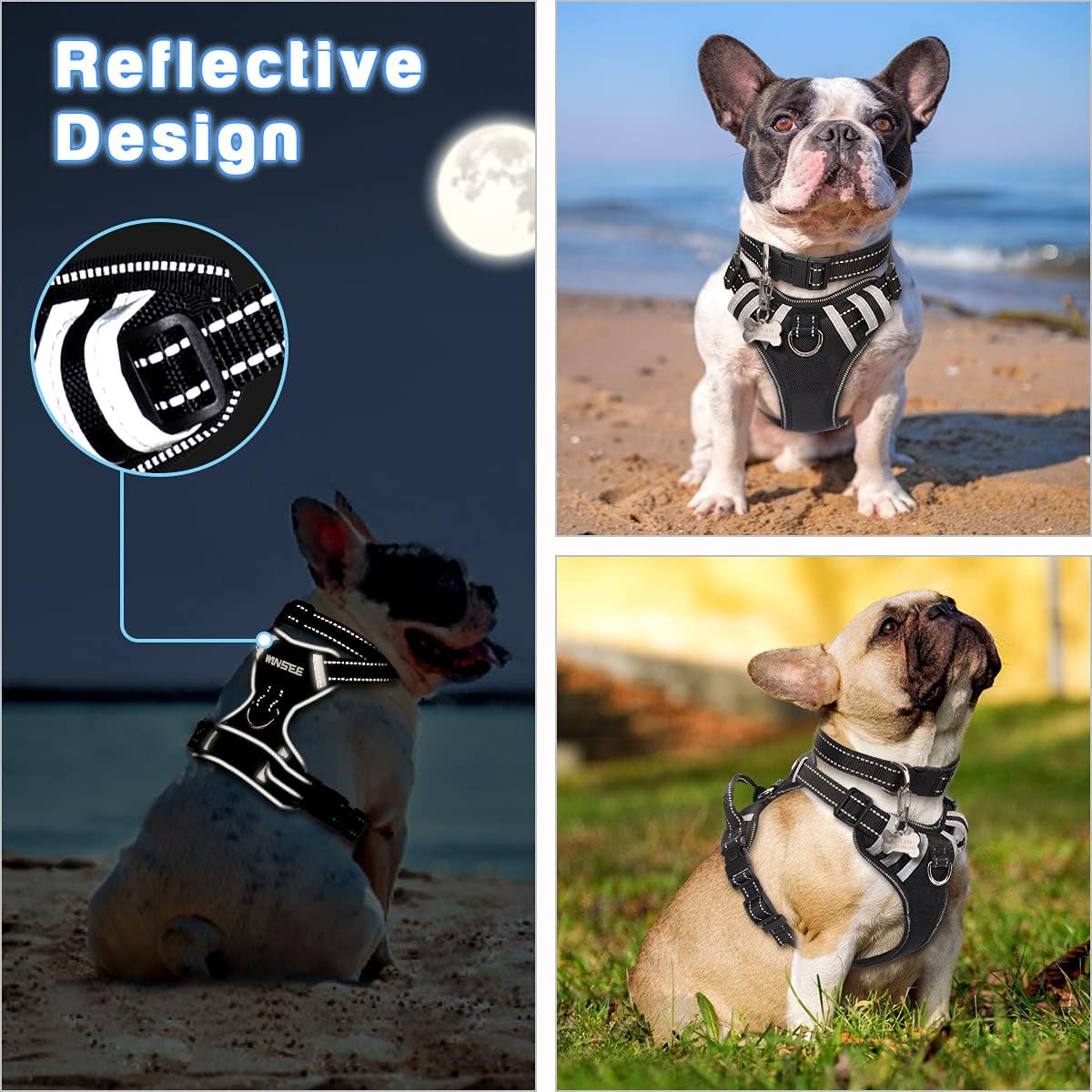 WINSEE Arnés para perro sin jalones, arnés para mascotas con collar de perro, chaleco reflejante ajustable Oxford para salir, broches para correa