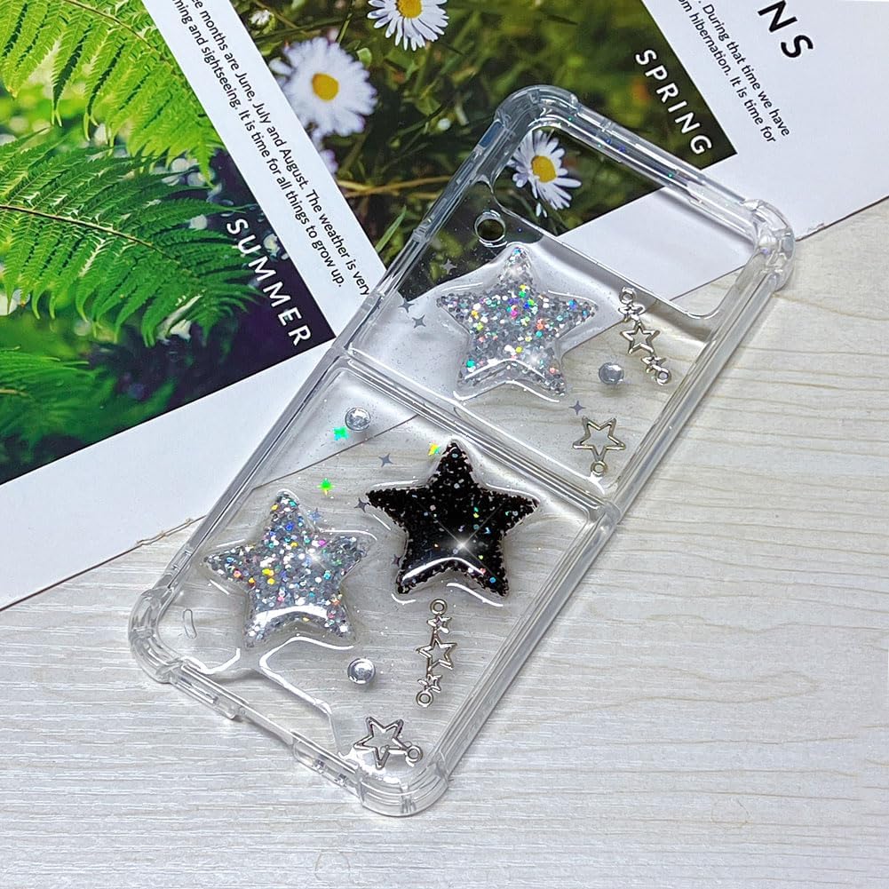 Funda para Samsung Galaxy Z Flip 4 con diseño de estrellas con purpurina, bonita funda transparente con diseño de estrellas 3D brillantes y