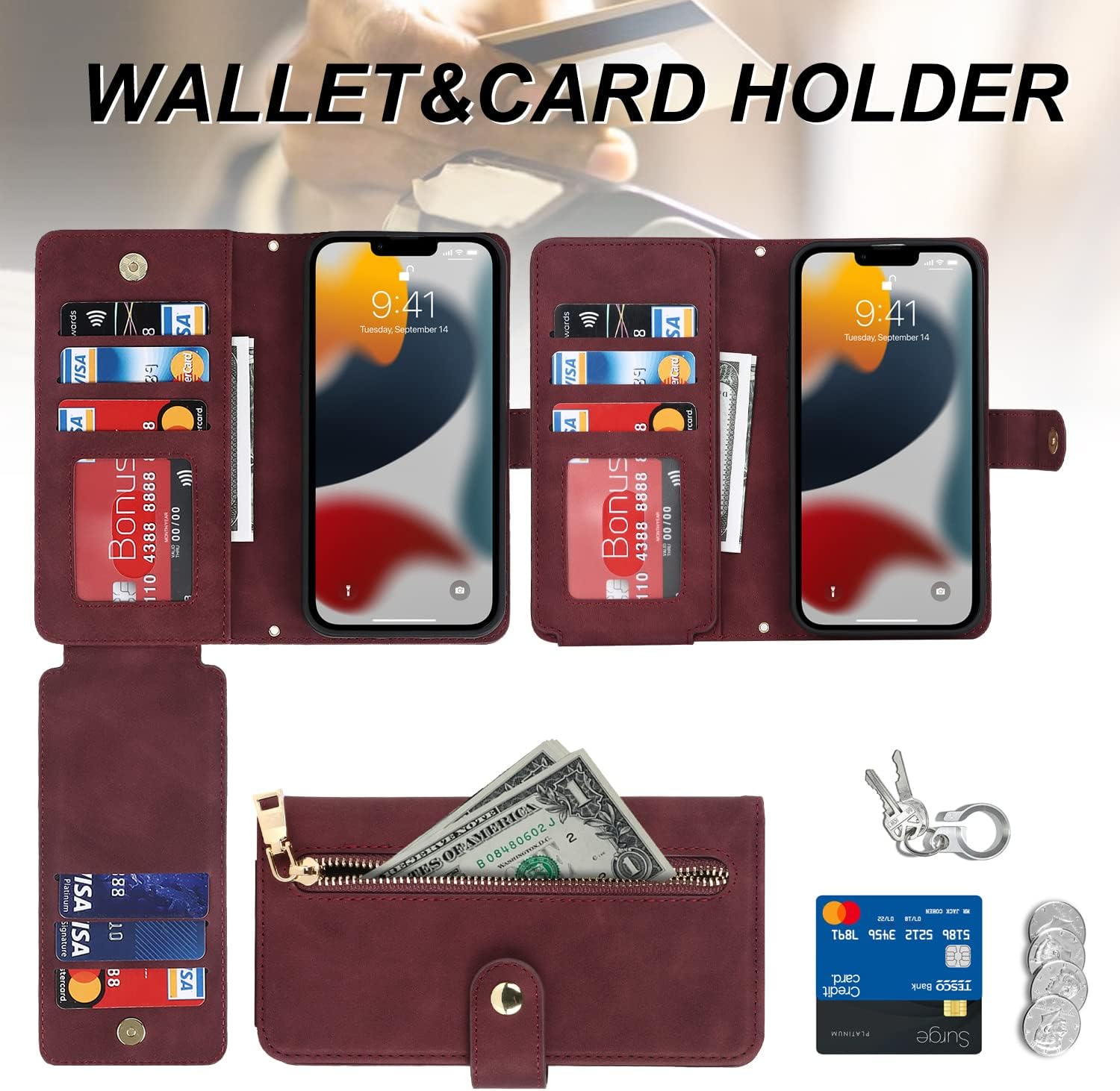 Havaya Funda para iPhone 12 con tarjetero, para iPhone 12 Pro, funda tipo cartera para mujer, funda tipo cartera con cremallera y ranuras para