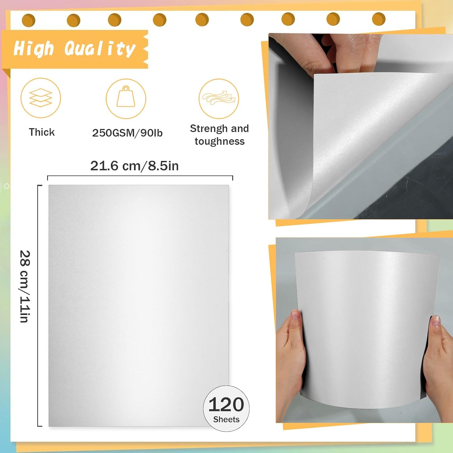 120 hojas de cartulina plateada brillante de 8.5 x 11 pulgadas, papel metálico metálico de 250 gsm92 libras, papel perlado plateado de doble cara