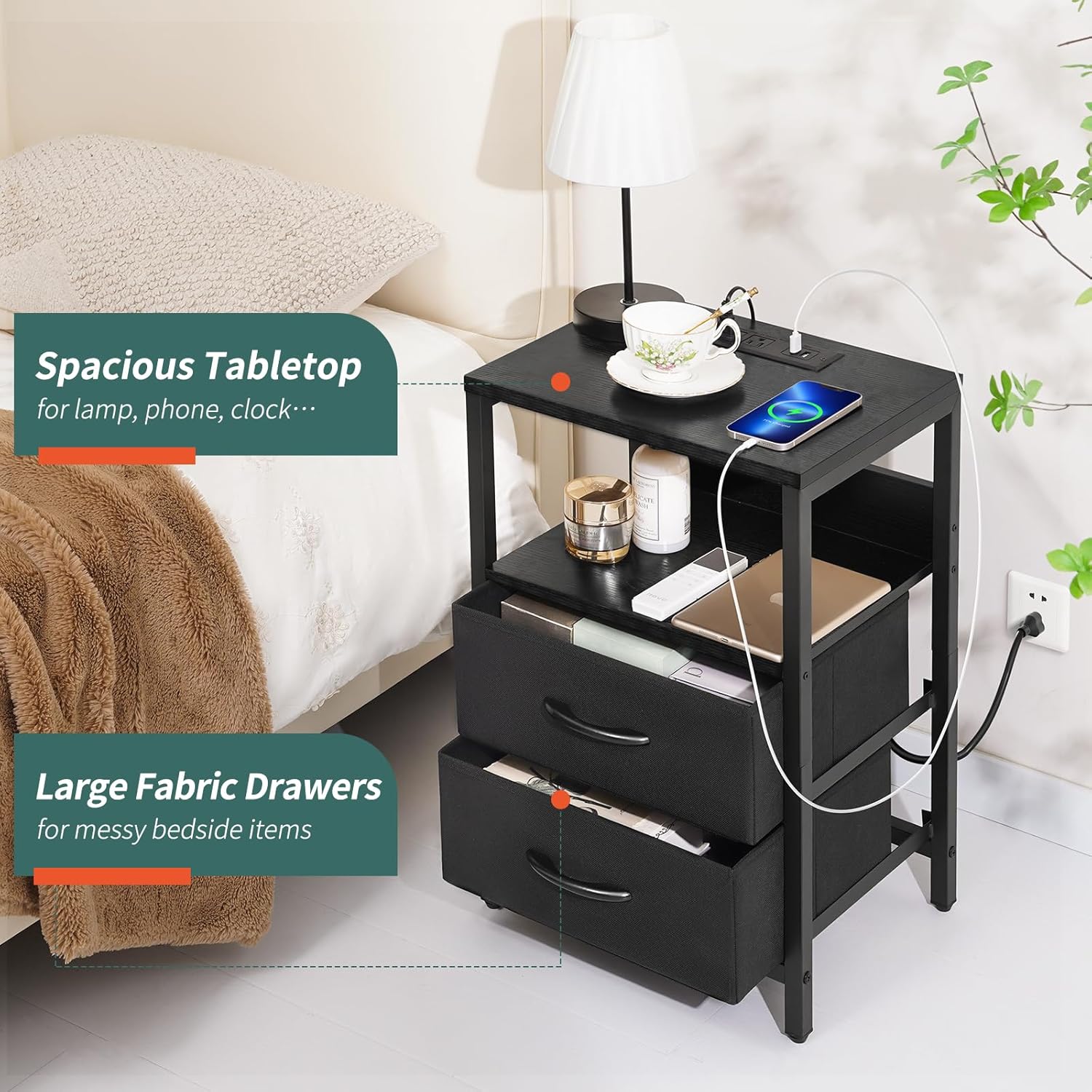 Yoobure – Mesita de noche con estación de carga, con LED y cajones de tela, estante de almacenamiento para dormitorio, con puertos USB y