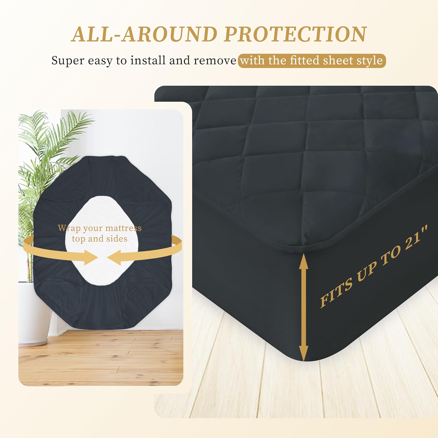 Funda acolchada para colchón tamaño matrimonial, protector de colchón impermeable, bolsillo profundo elástico que se adapta a hasta 18 pulgadas,