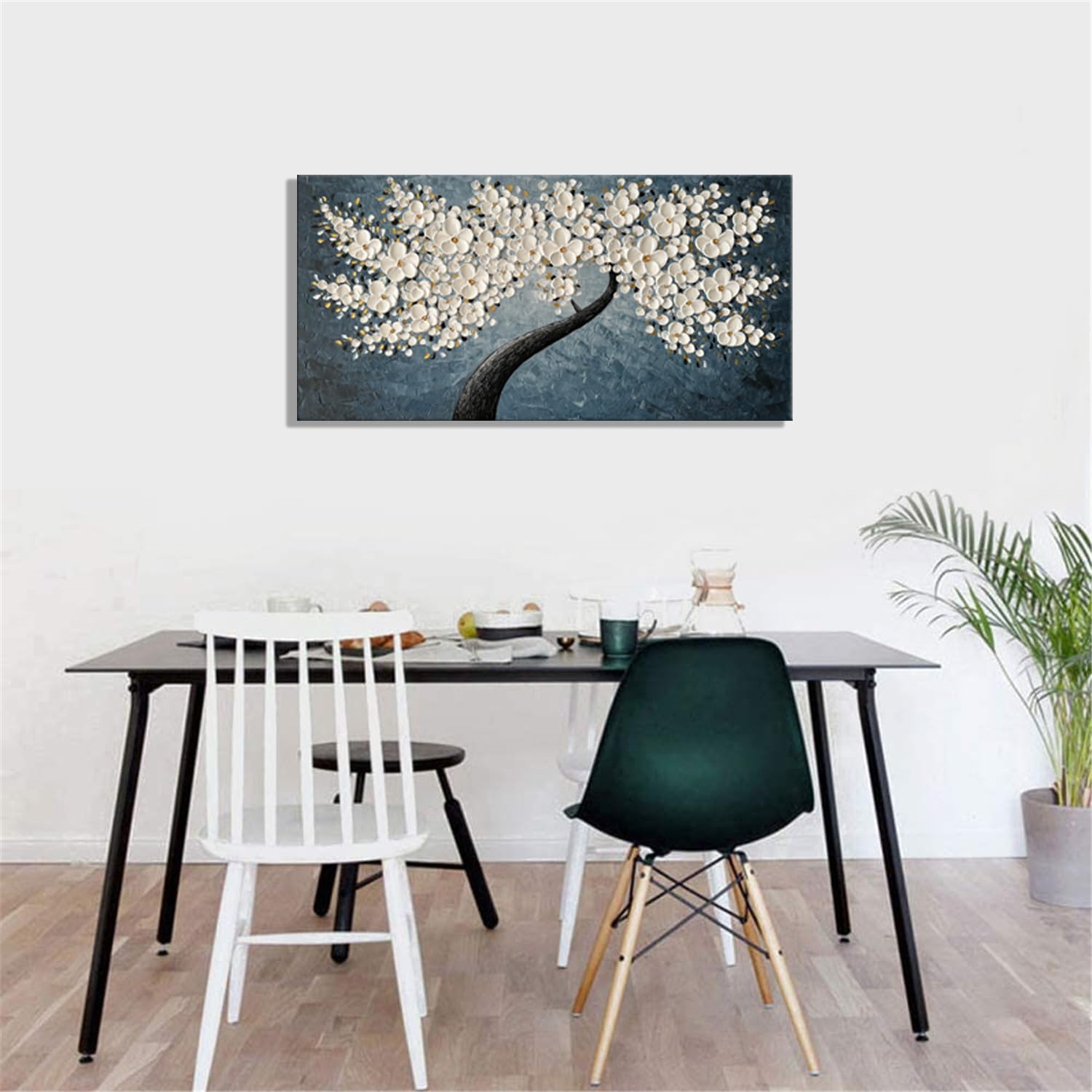 zoinart 3D Floral Oil Paintings on Canvas Wall Art 40×20 Inches Abstract White Flower Modern Canvas Wall Art Contemporary Tree Art Texture Artwork