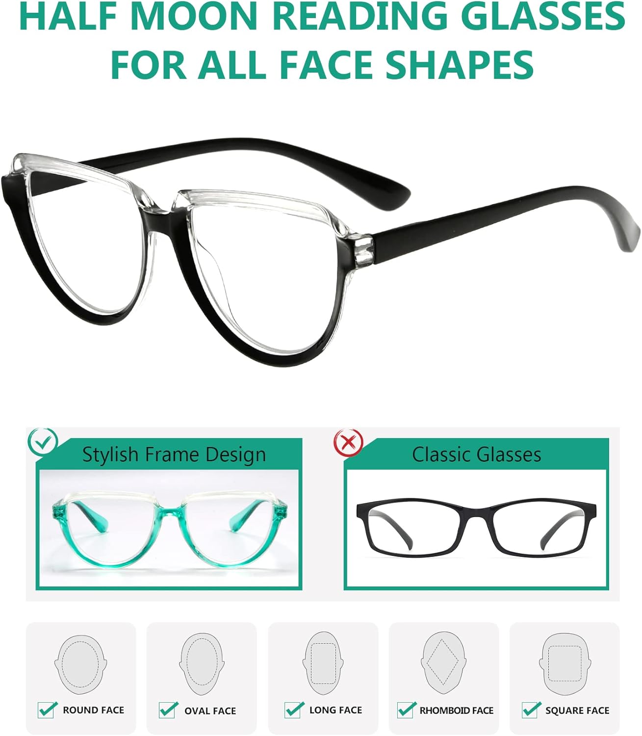 Eyekepper Gafas para mujer leyendo marco grande – Lectores de diseño de media luna para mujer de gran tamaño, TransparenteRojo