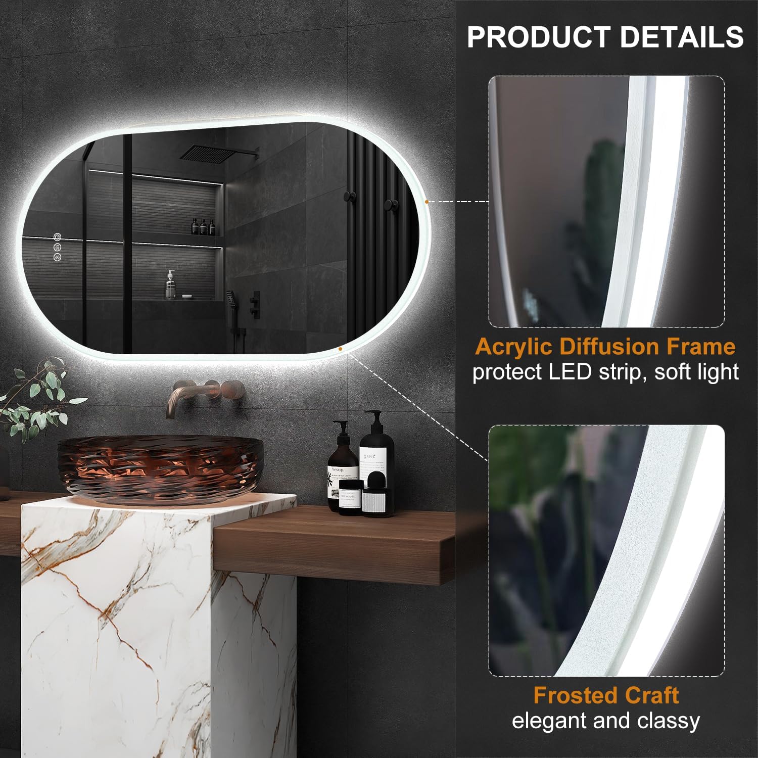 S’bagno Espejo de baño ovalado de 36 x 24 pulgadas con luces, espejo de baño LED montado en la pared, marco acrílico, atenuación, cambio de color,
