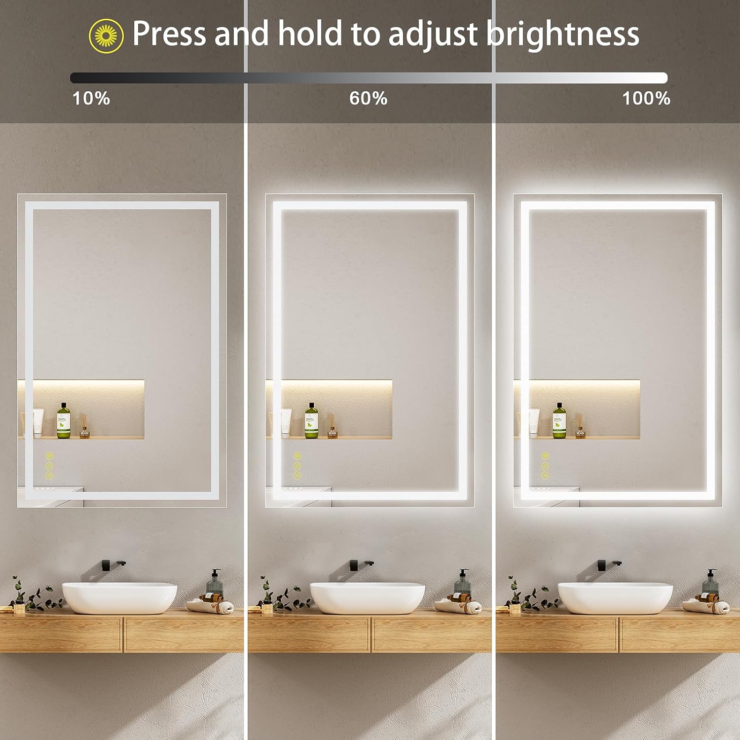 CITYMODA Espejo LED de 24 x 36 pulgadas para baño, antiniebla, 3 colores, regulable, iluminado para montar en la pared, espejo de baño con luces