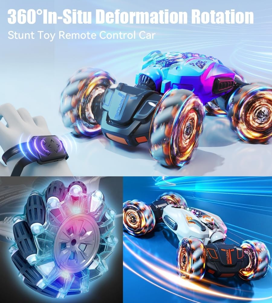 Gesture – Auto de control remoto con aerosol, transformación 4WD 360 gira todo terreno 2.4 GHz juguete con luces de música, autos de acrobacias RC