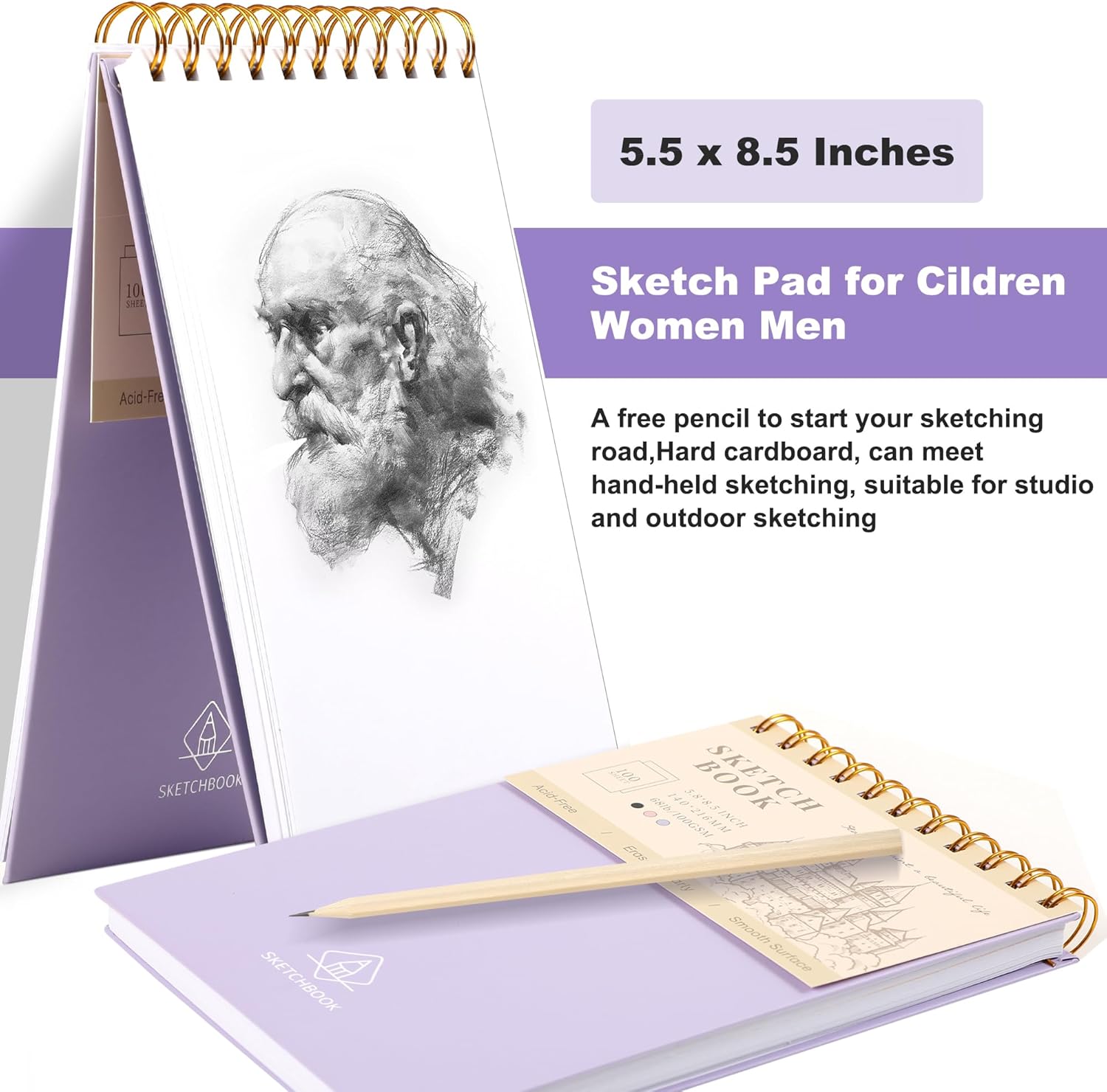 Yoment Paquete de 2 cuadernos de bocetos para dibujar en la parte superior de espiral, bloc de bocetos para niños, de 5.5 x 8.5 pulgadas, tapa dura