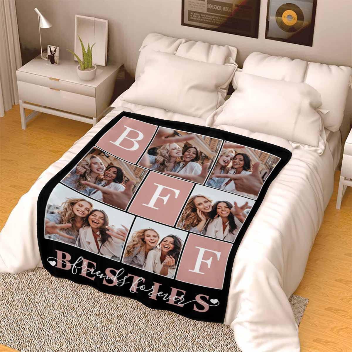 Manta acogedora personalizada con texto en inglés Besties en la que puedes confiar cualquier cosa, ligera para mejores amigos, 6 fotos, ligera,