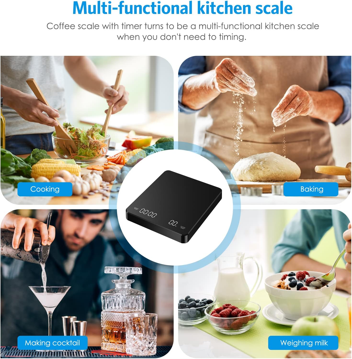 AMIR Báscula digital de cocina con temporizador, escala de goteo de espresso de alta precisión de 6.6 lbs0.00 oz, báscula de café portátil