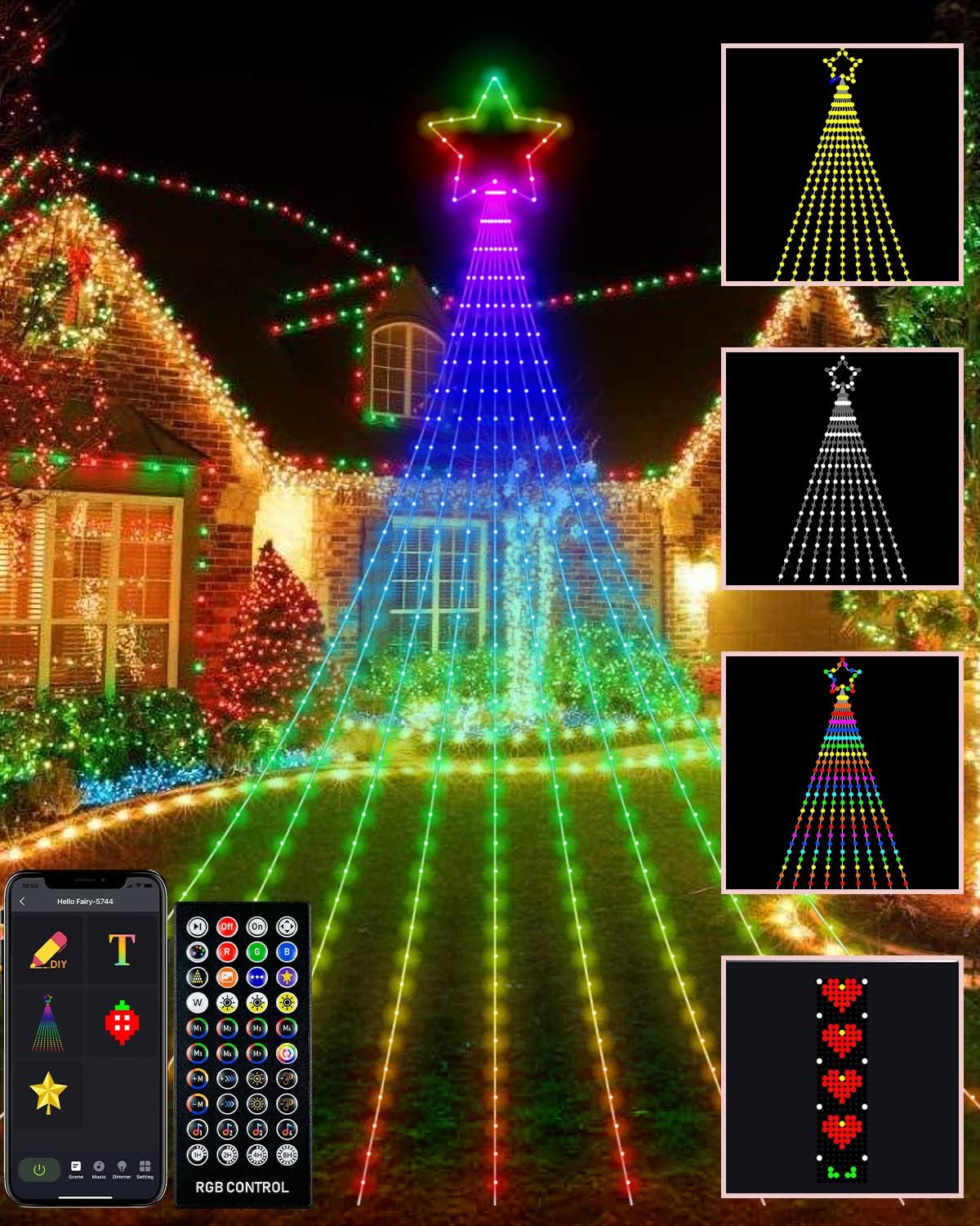 Luces de decoración de árbol de patio al aire libre, pantalla personalizada inteligente de 11.8 pies, 64 modos, cascada de patio, árbol de Navidad,