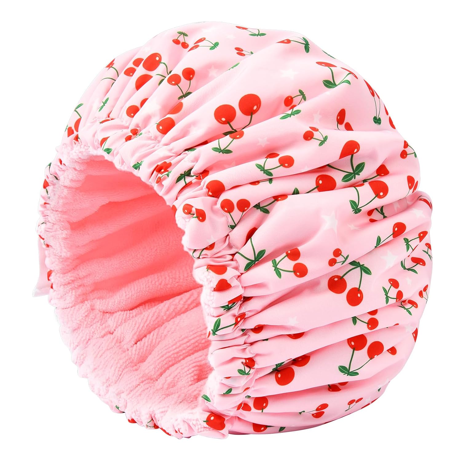 Gorro de ducha para mujer, con forro de rizo, grande, reutilizable, impermeable, banda elástica, color rosa, para cabello largo y grueso, suave