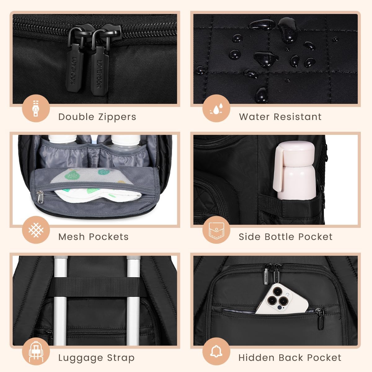 LOVEVOOK Mochila para pañales Bolsa de bebé de gran capacidad con cambiador portátil, mochila de viaje para bebés multifunción