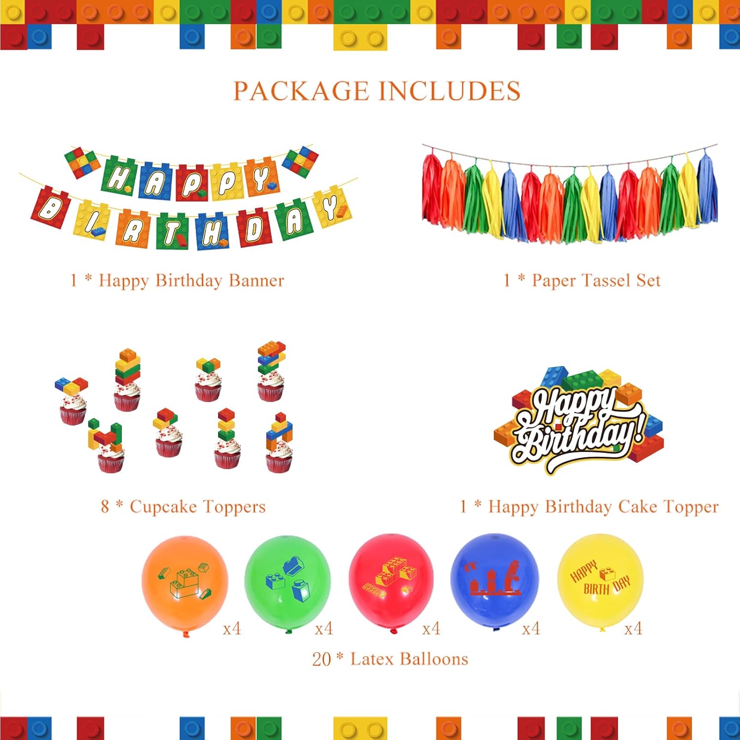 PRATYUS Decoraciones de cumpleaños de bloques de construcción para niños, suministros de fiesta temática de ladrillo y bloque con pancarta,