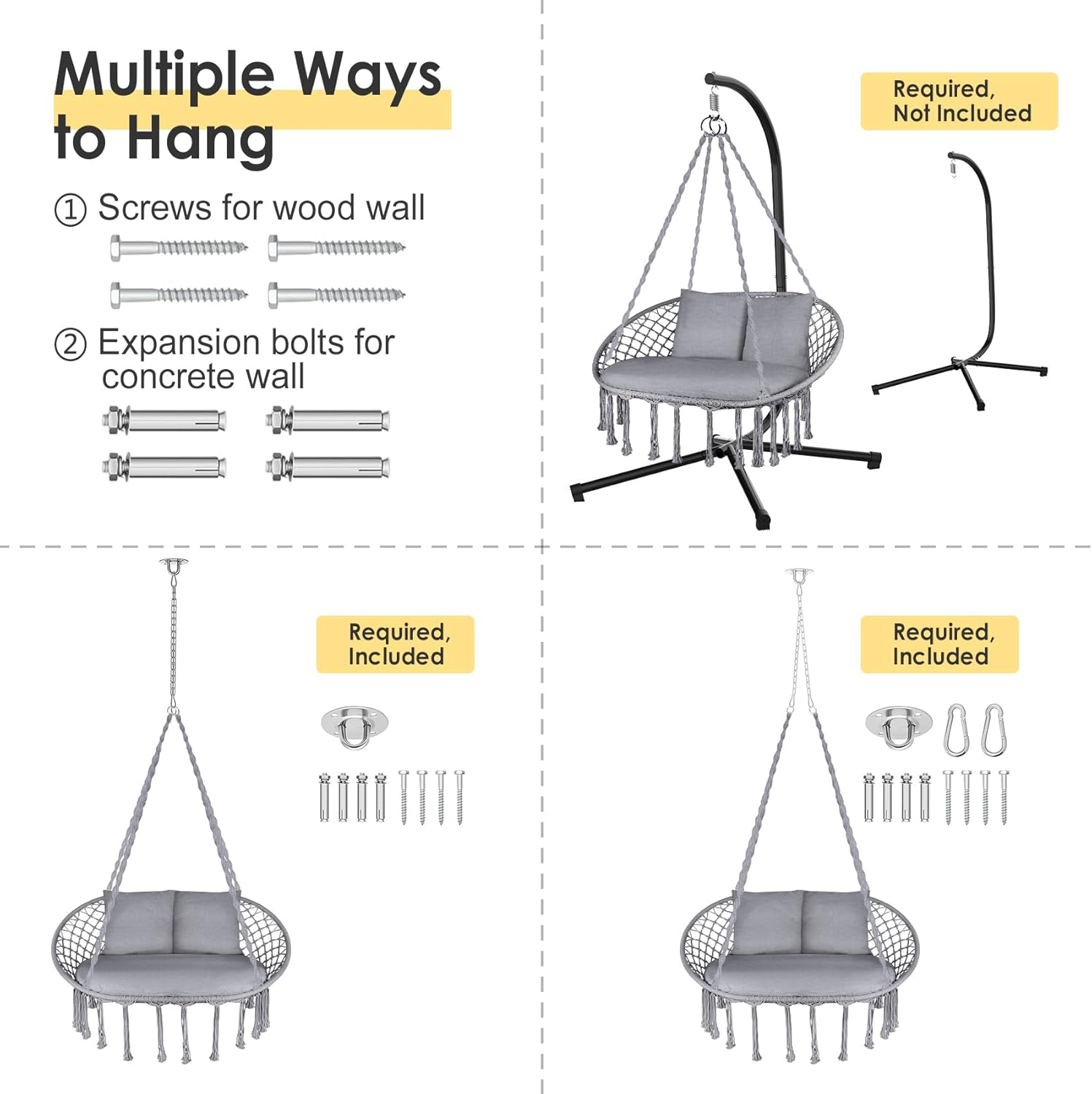 Silla oscilante doble, silla colgante grande de macramé con 3 cojines y accesorios de montaje, silla oscilante tejida a mano para dormitorio, patio,