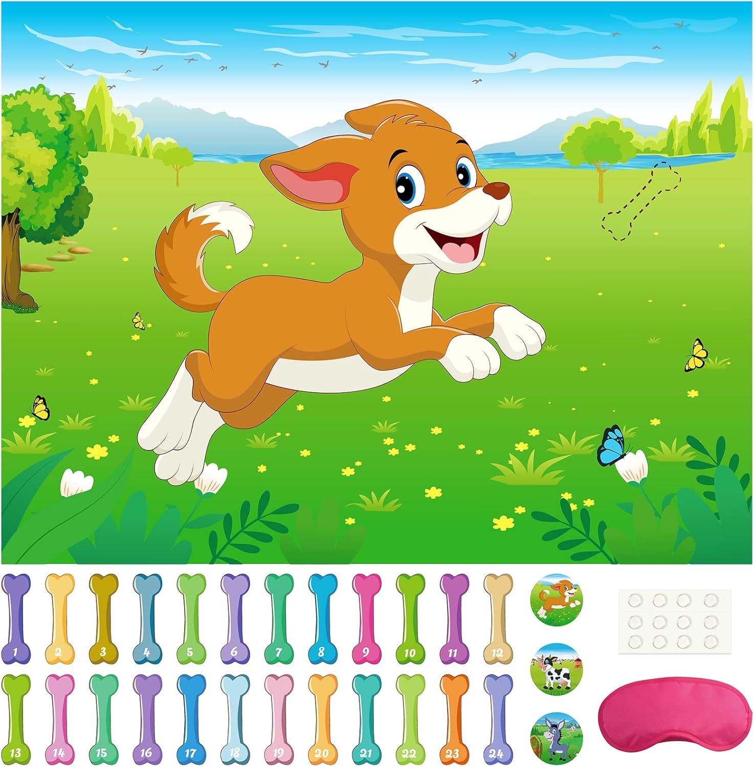 Morcheiong Juego de fiesta de cumpleaños Pin The Tail on The Dog con 48 huesos, dale al cachorro un juego de huesos para niños, decoración de fiesta