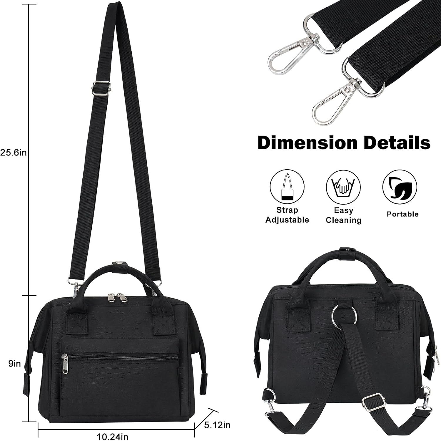 Lonchera negra para mujer con correa para el hombro, pequeña lonchera aislada para adultos, mochila de almuerzo a prueba de fugas para el trabajo,