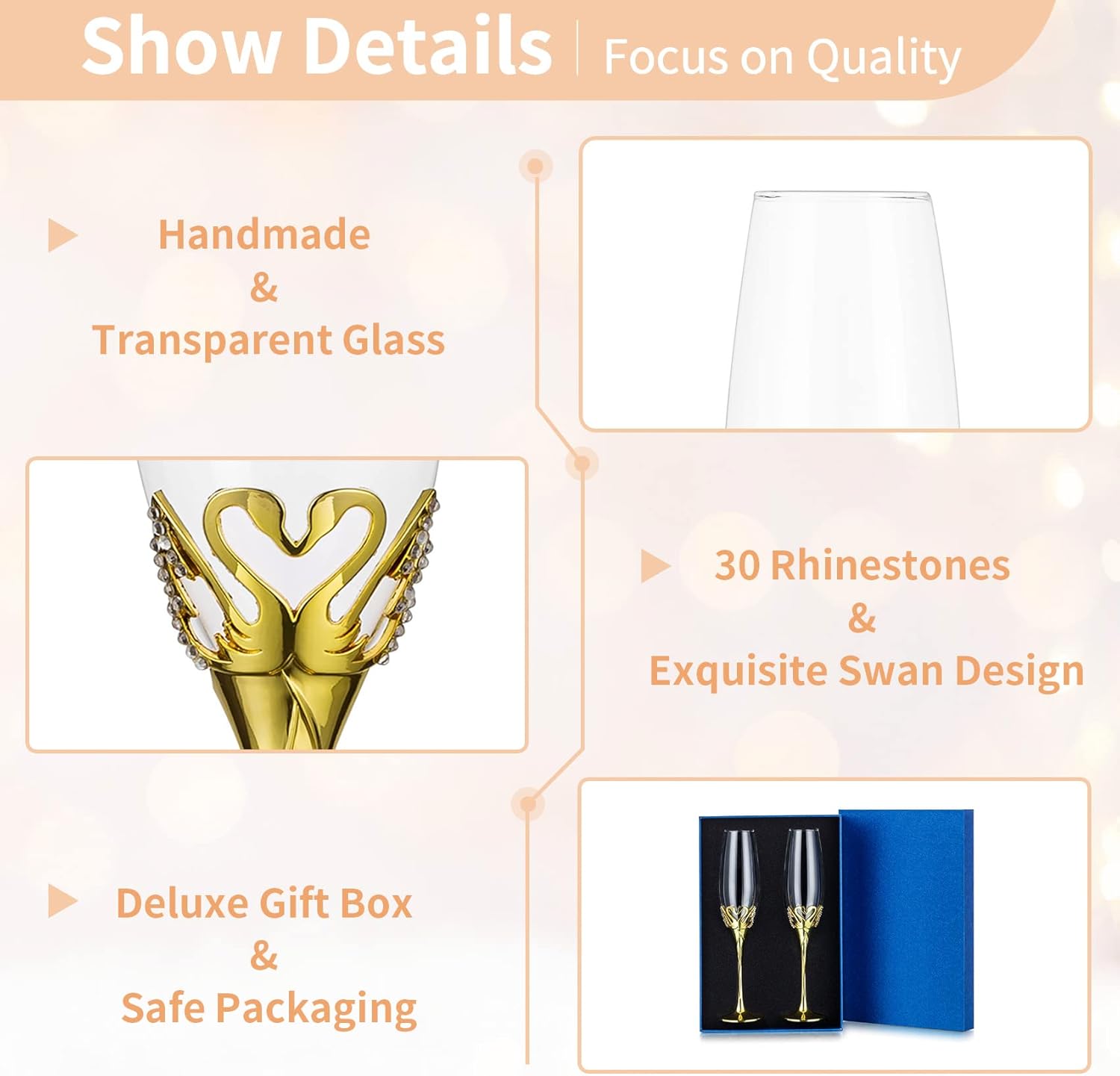NUPTIO Copas de champán doradas Juego de 2 copas de cristal para brindis de champán de boda dorado con caja de regalo para novia, novio, parejas,