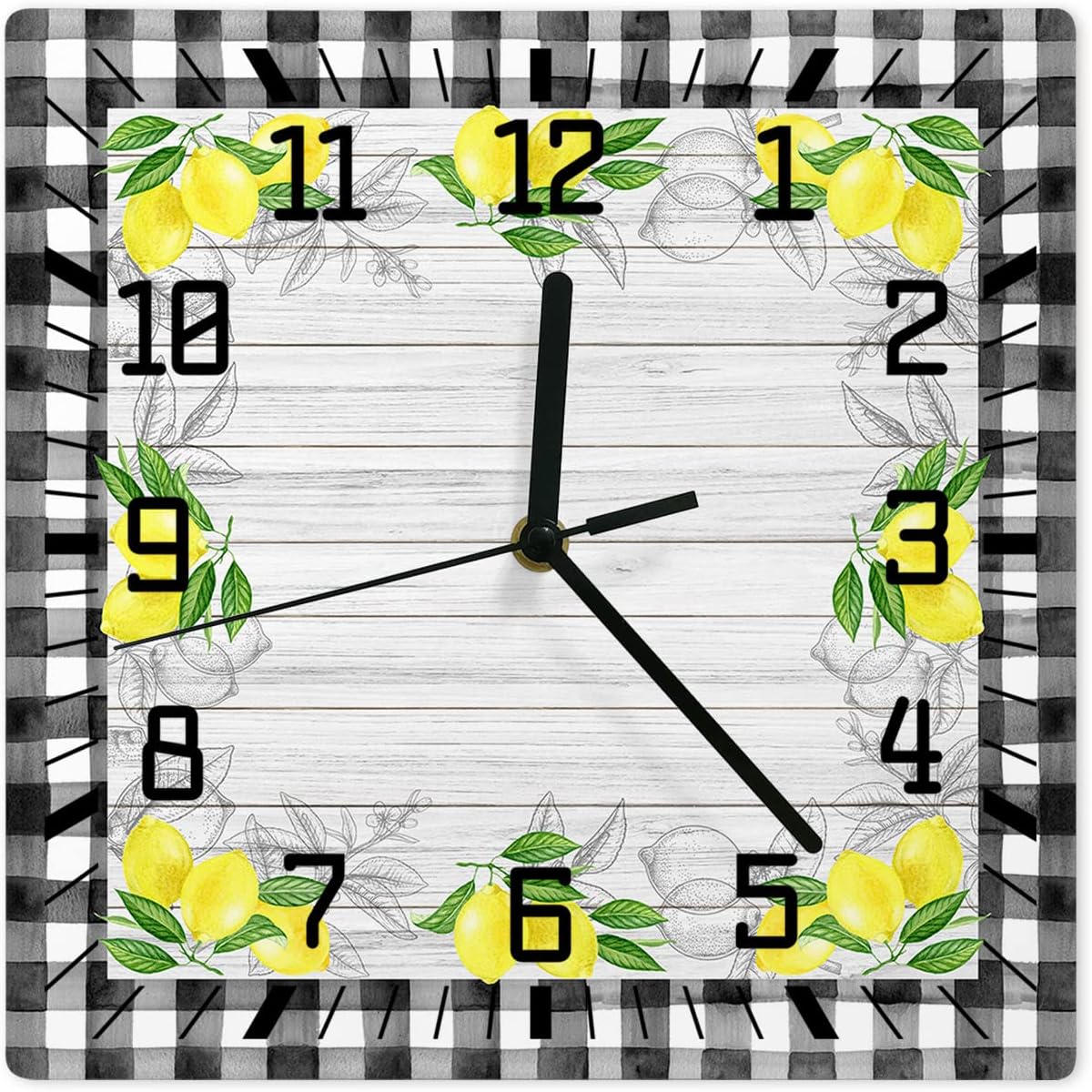 Wall Clock Yellow Lemon Battery Operated Clocks Wooden Silent Non-Ticking Wallclock 12 Inch Summer Fruit Lemon Farmhouse Plaid Square Wall Clock for