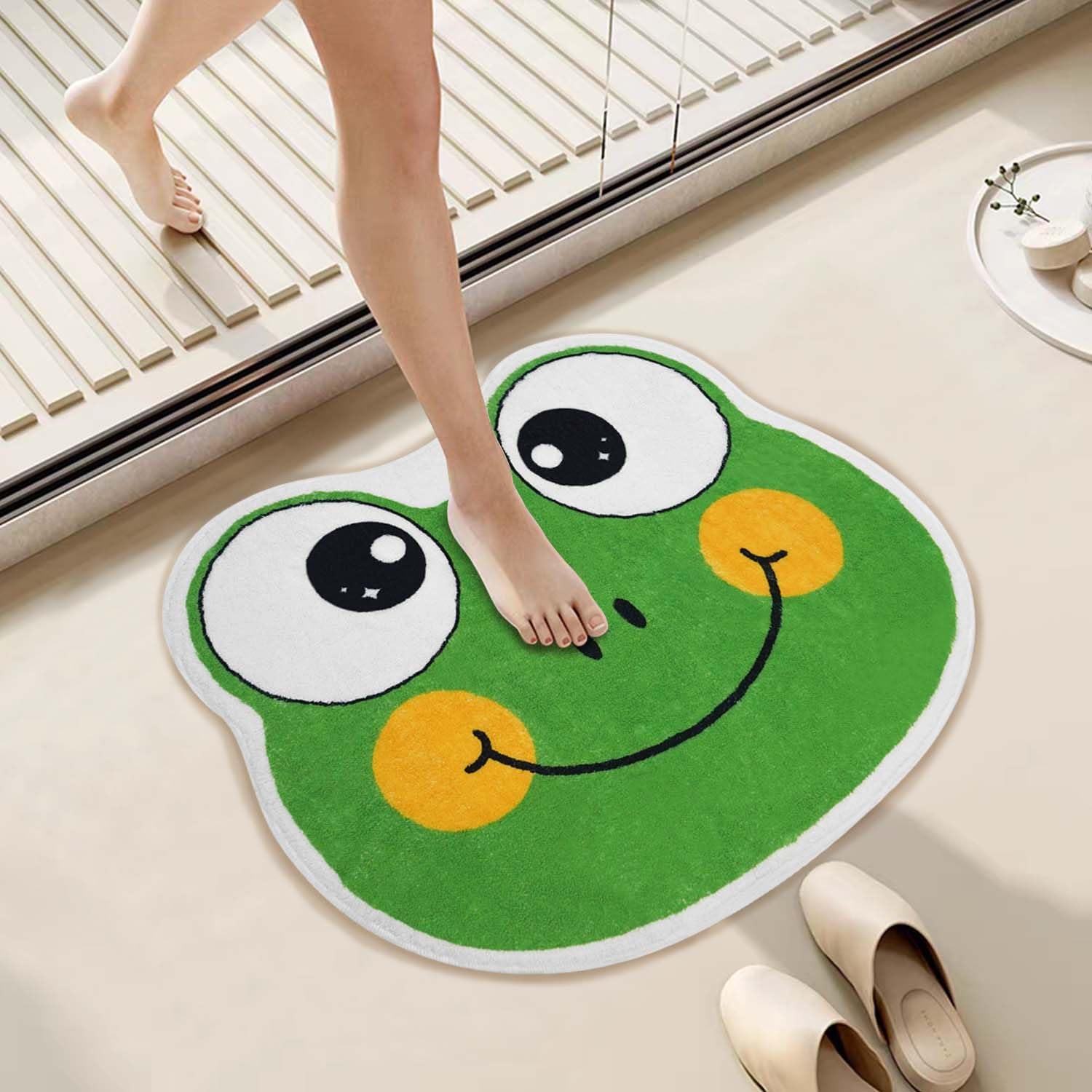 Alfombra de baño con forma irregular de rana para niños, antideslizante, absorbente, lavable, peluda, decoración de dormitorio, alfombra de entrada