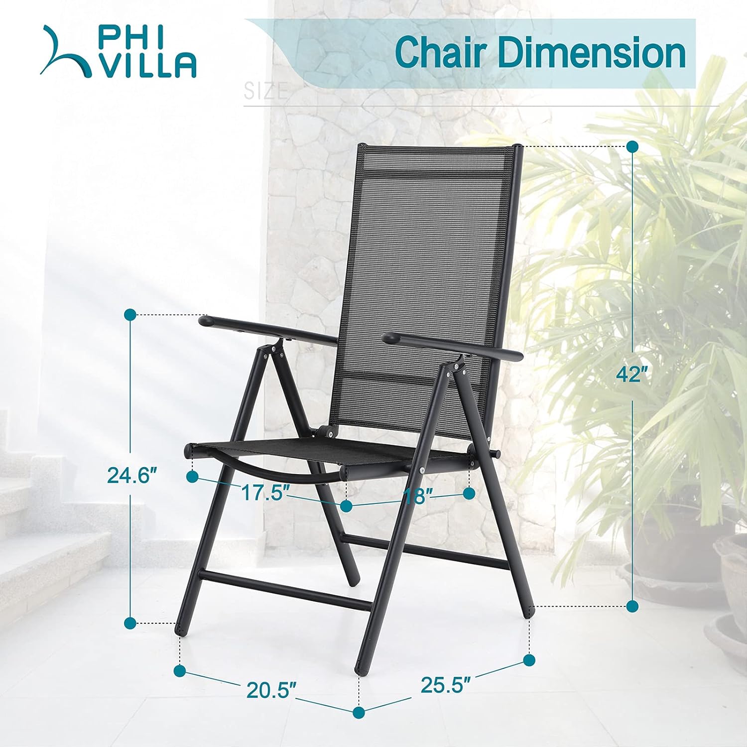 PHI VILLA Juego de 4 sillas plegables de comedor para patio, sillas reclinables y portátiles ajustables para patio, sillas reclinables de aluminio