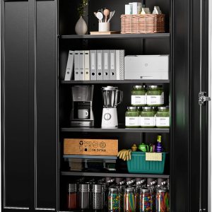 INTERGREAT Armario de almacenamiento de metal para garaje con puertas y estantes de bloqueo, gabinete de herramientas de acero con cerradura negra, INTERGREAT Armario de almacenamiento de metal para garaje con puertas y estantes de bloqueo, gabinete de herramientas de acero con cerradura negra,