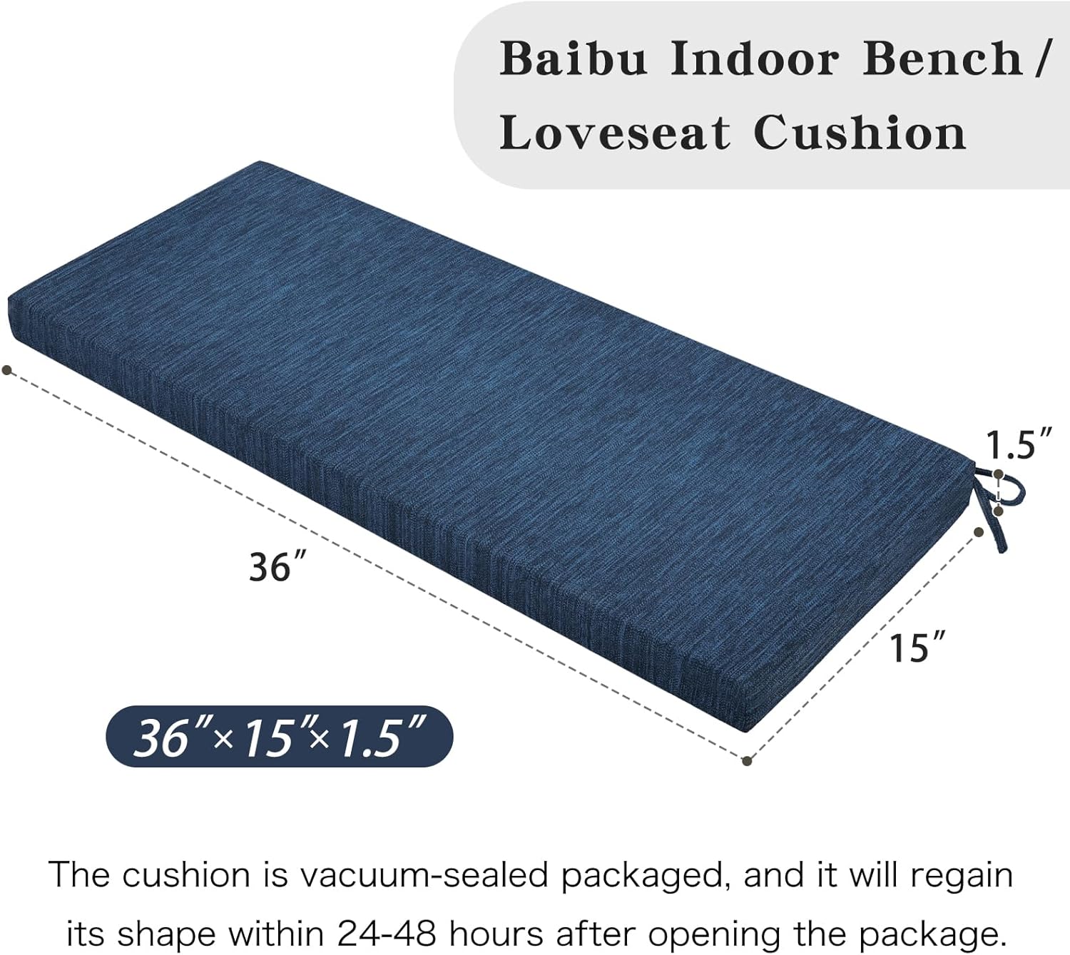 baibu Cojín de banco clásico de 36 pulgadas con lazos, cojín de banco rectangular antideslizante para interiores, almohadilla de espuma de tamaño