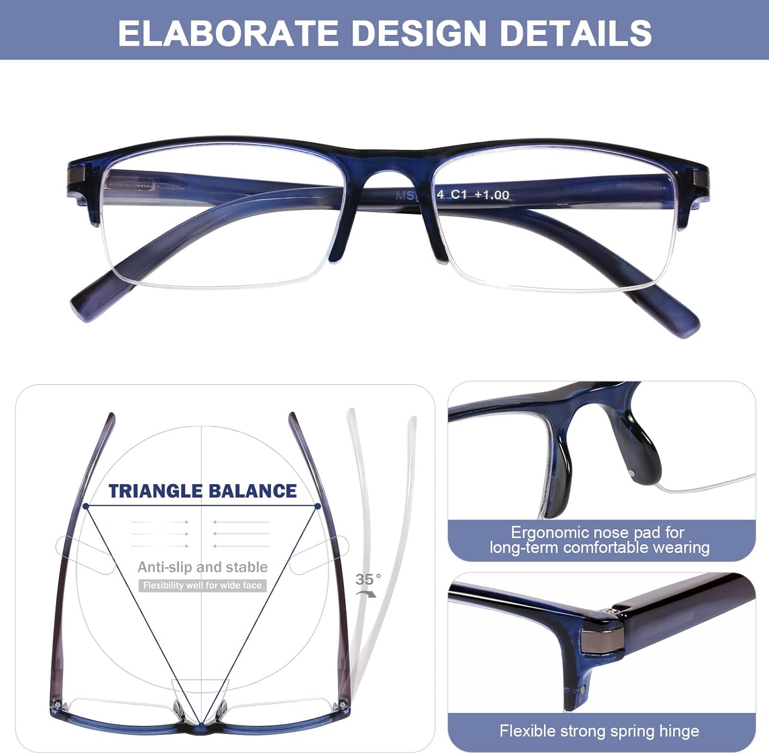 AQWANO Paquete de 4 lentes de lectura de medio marco para hombres y mujeres, con bloqueo de luz azul, calidad elegante, clásica, antirreflejos,
