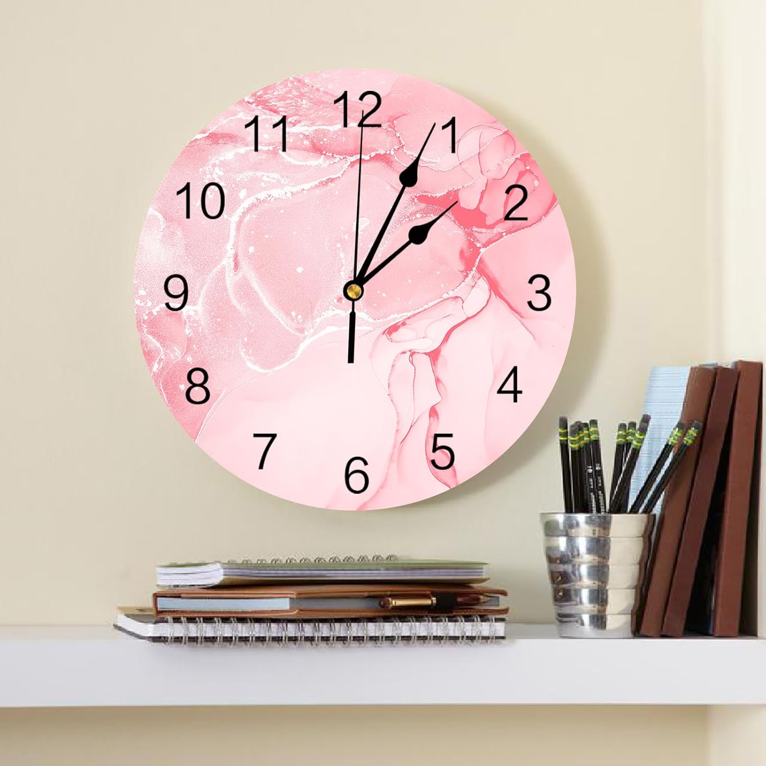 Reloj de pared de 10 pulgadas, silencioso, sin tictac, con textura de mármol rosa abstracto, reloj decorativo redondo para sala de estar,