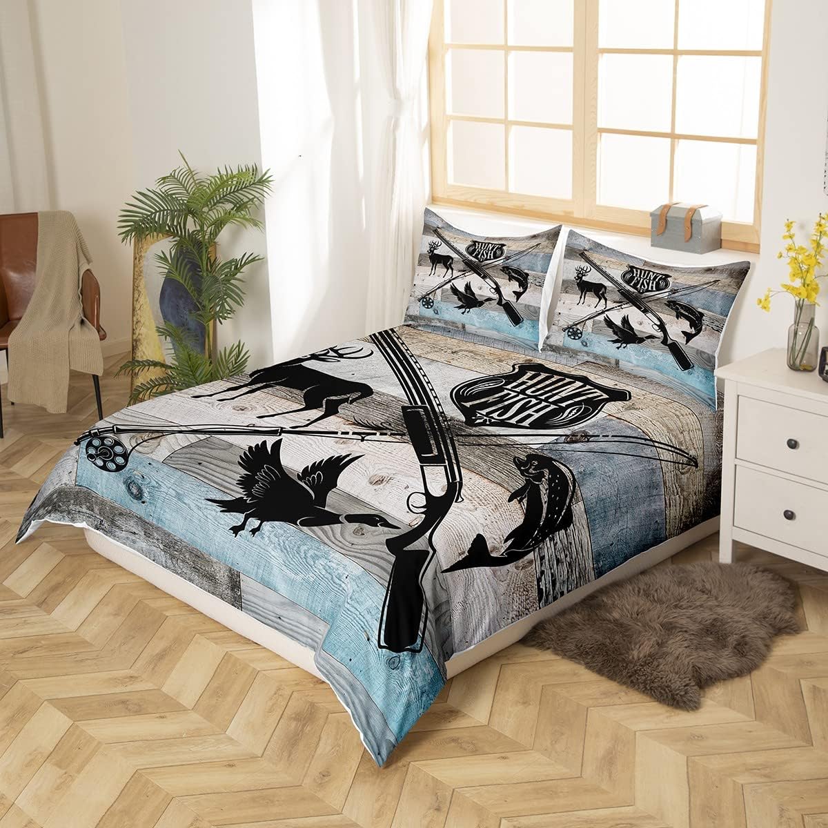 Castle Fairy Hunt Fish – Juego de ropa de cama tamaño Queen, juego de funda de edredón de caza de animales de ciervos, pájaros, animales para niños,