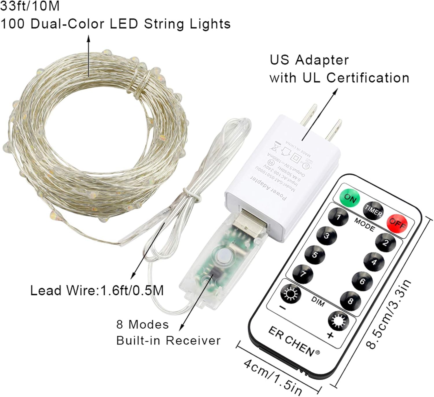 ErChen – Guirnalda de luces LED USB de doble color, 33 pies, 100 luces LED que cambian de color, regulables, 8 modos, alambre de cobre plateado,