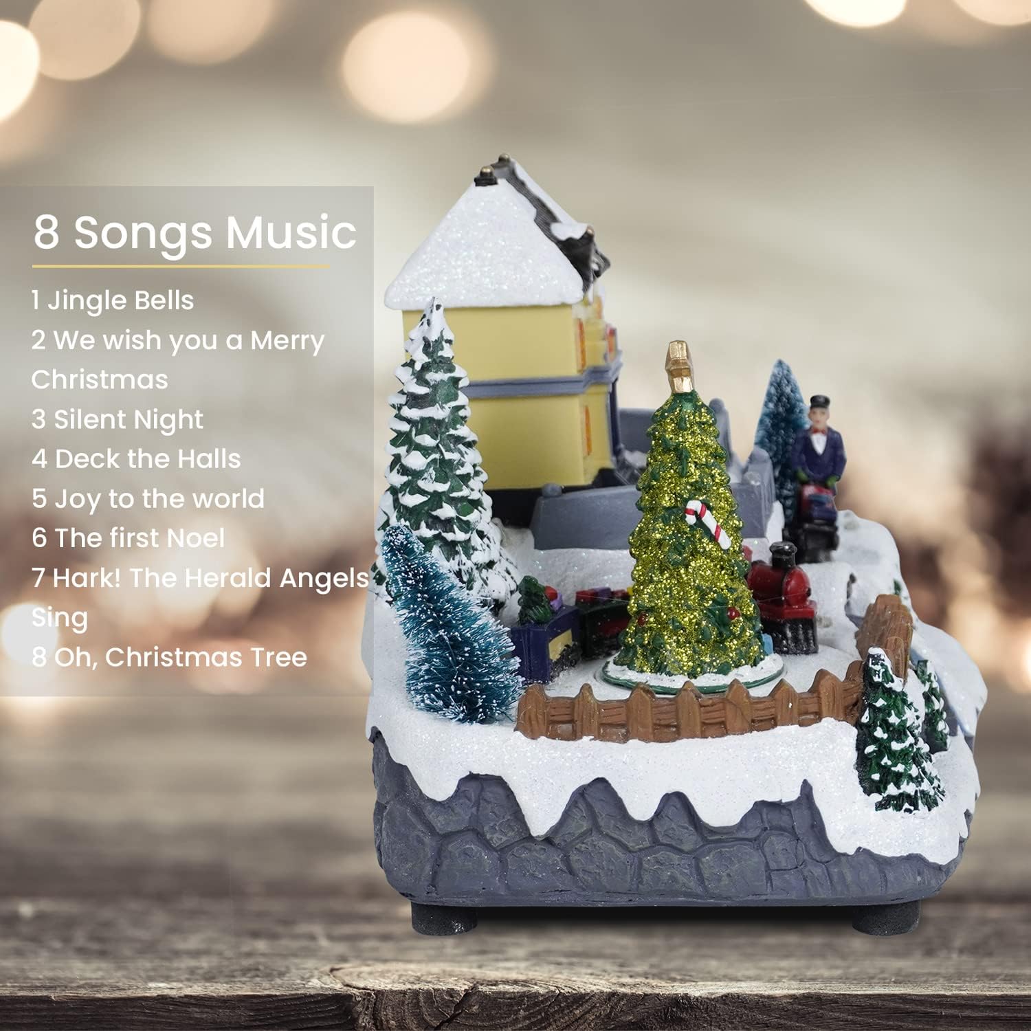 Christmas Village Houses with LED Lights, Train Spinning Under The Christmas Tree, Fiber Optic River, Realistic Christmas Scene,Music Rendering