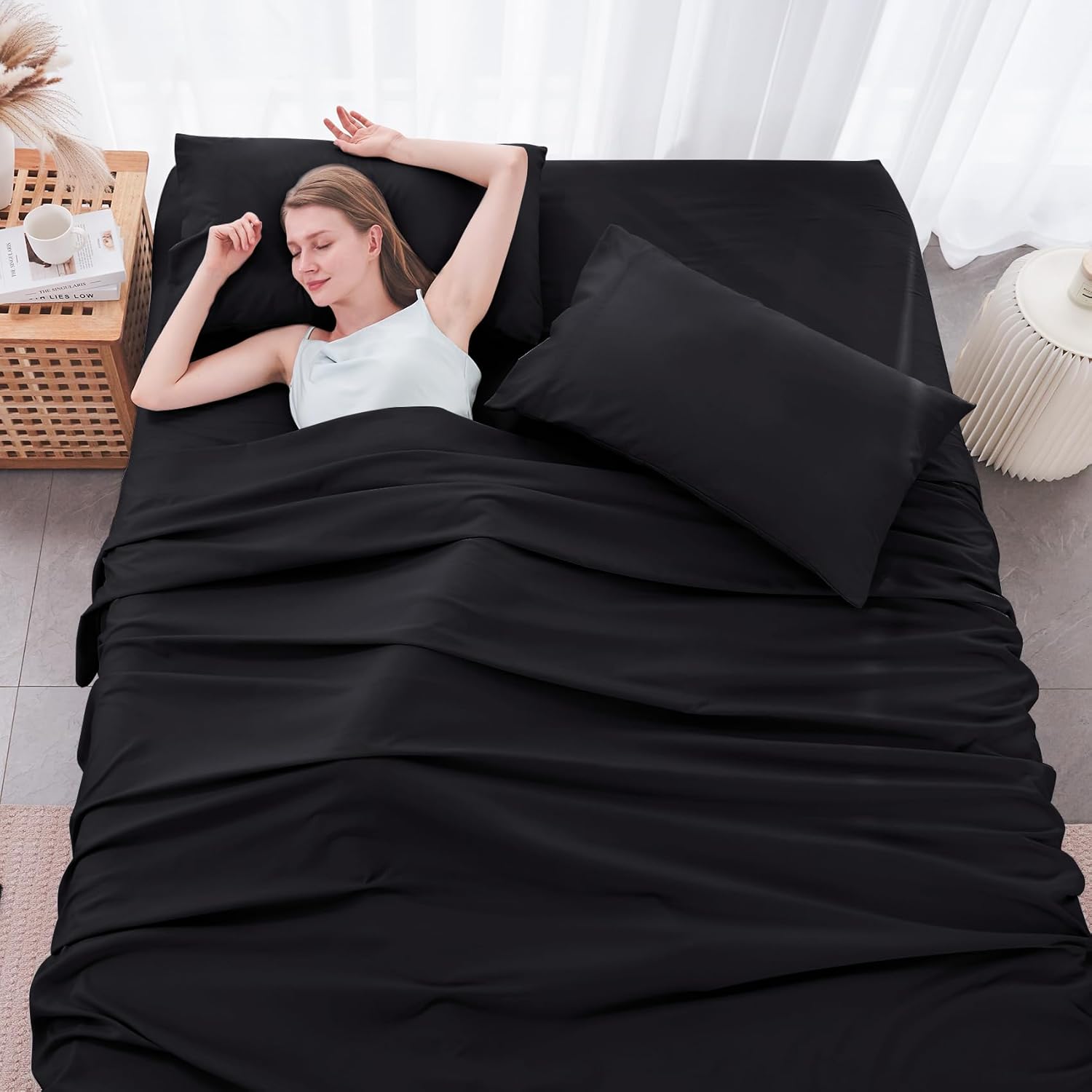JOLLYVOGUE Juego de sábanas de 6 piezas color negro tamaño Queen para dormitorio con bolsillo profundo, sin arrugas y refrescante, juego de sábanas