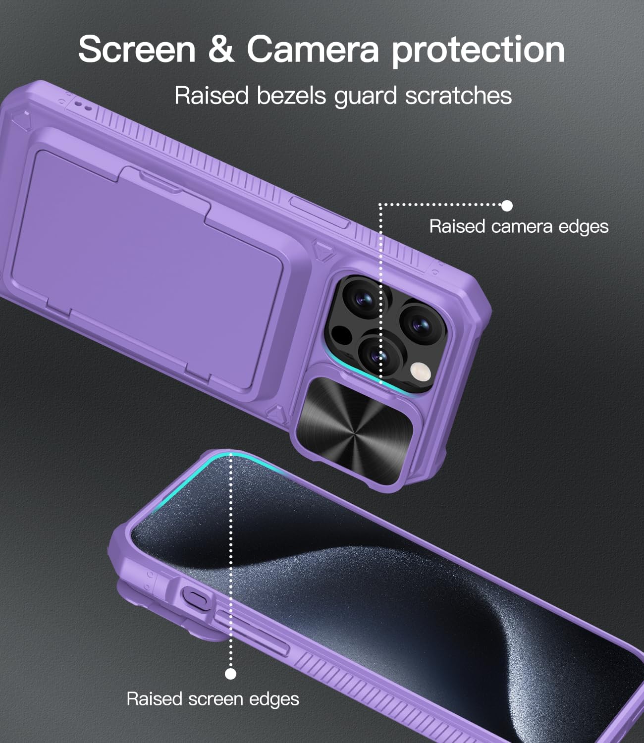 ATATOO Funda tipo cartera para iPhone 15 Pro Max con tarjetero y cubierta deslizante para cámara y soporte, resistente protección a prueba de