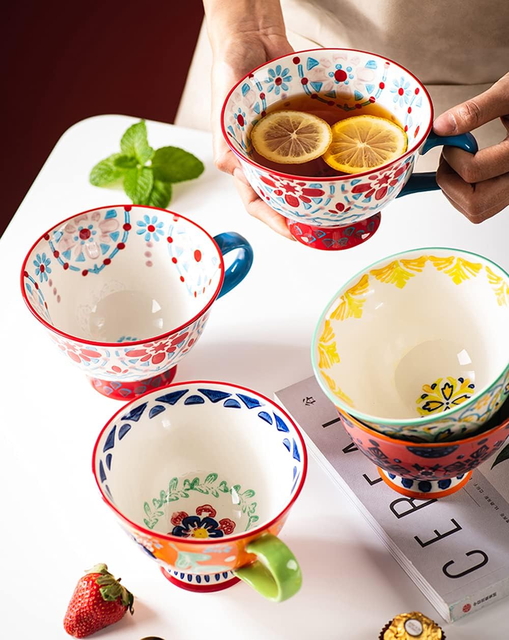 Bicuzat Taza de café de cerámica de gran capacidad con patrón floral pintado a mano, taza de té y leche, taza de desayuno para el hogar, cocina, 14