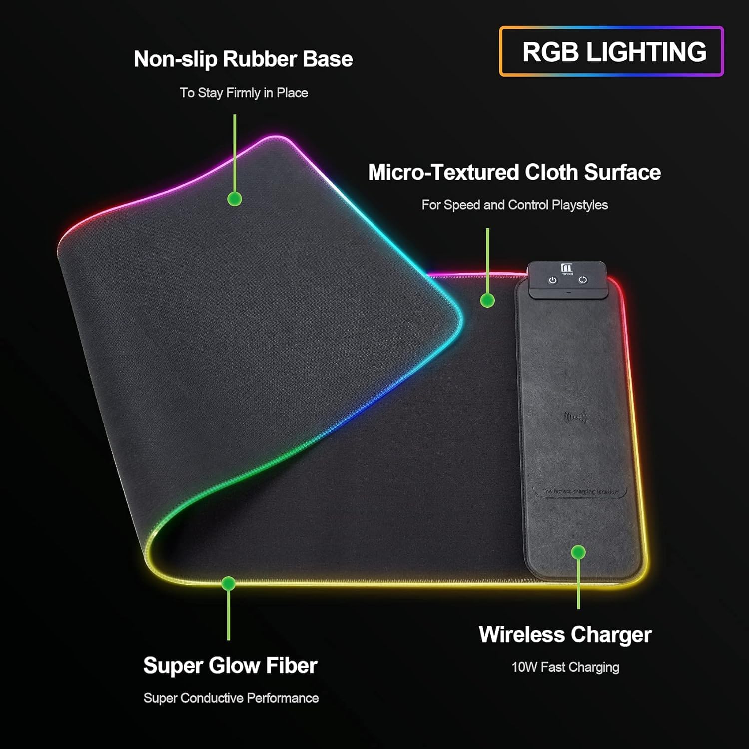 Alfombrilla de mouse LED, alfombrilla de mouse para juegos con carga inalámbrica, alfombrilla de escritorio grande, 10 colores de luz RGB,