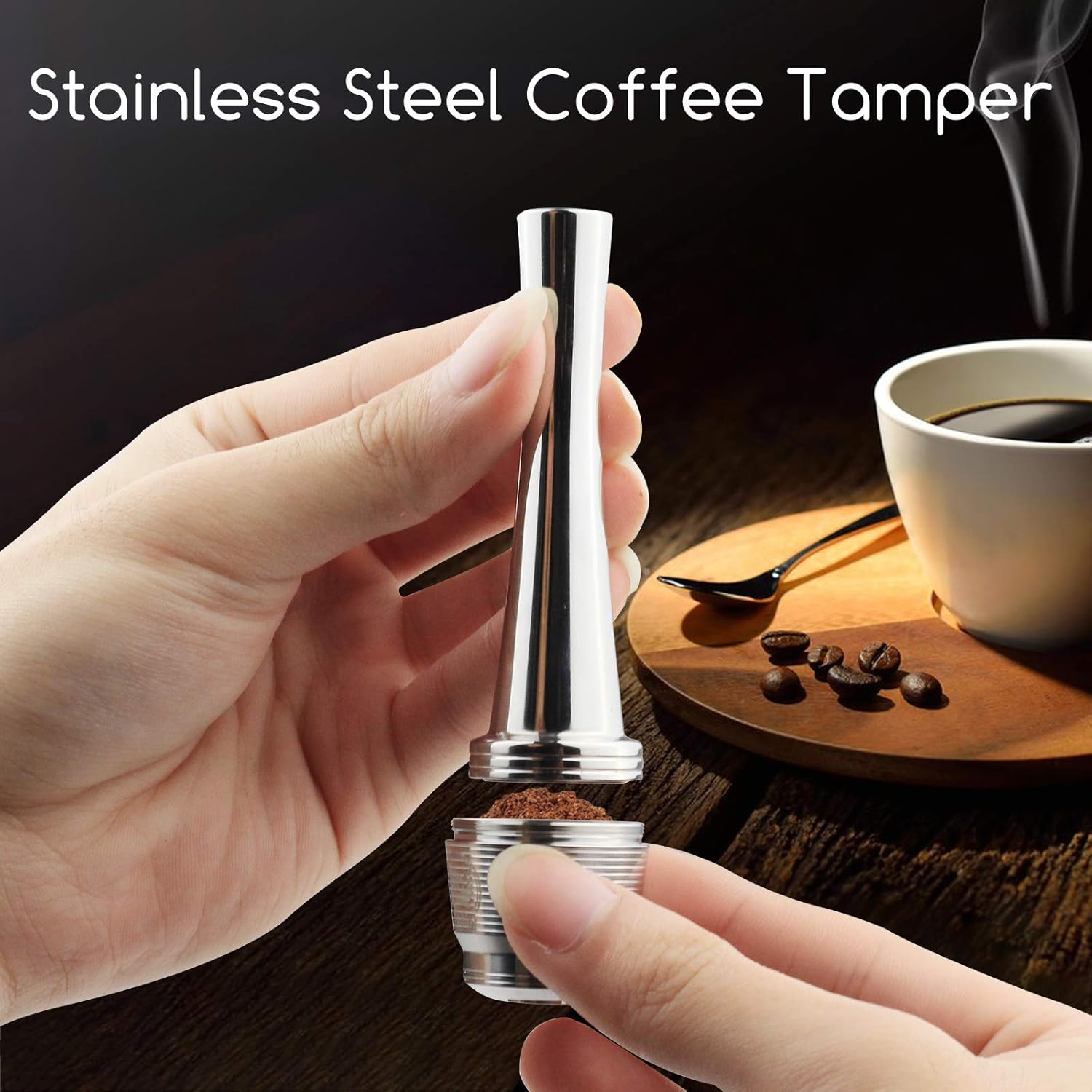 Tamper de café de 0.945 in para prensa de café Nespresso Acero inoxidable Plata Tamper Café Martillo sólido Suministros de cafetería, C-adecuado
