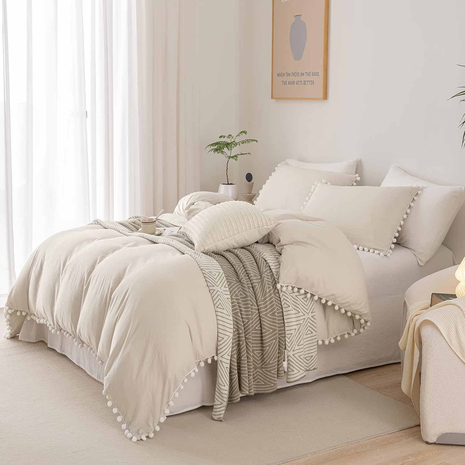 Bedbay Juego de edredón con pompones, color beige, bohemio, juego de ropa de cama para niños y niñas, juego de ropa de cama de microfibra ultra