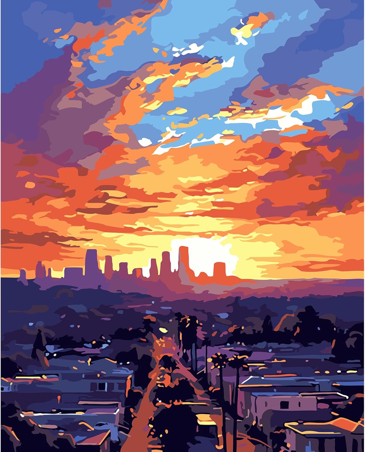 QUITEDEW Pintura de ciudad por números para adultos, pintura al atardecer por números para principiantes, pintura al óleo de bricolaje pinturas