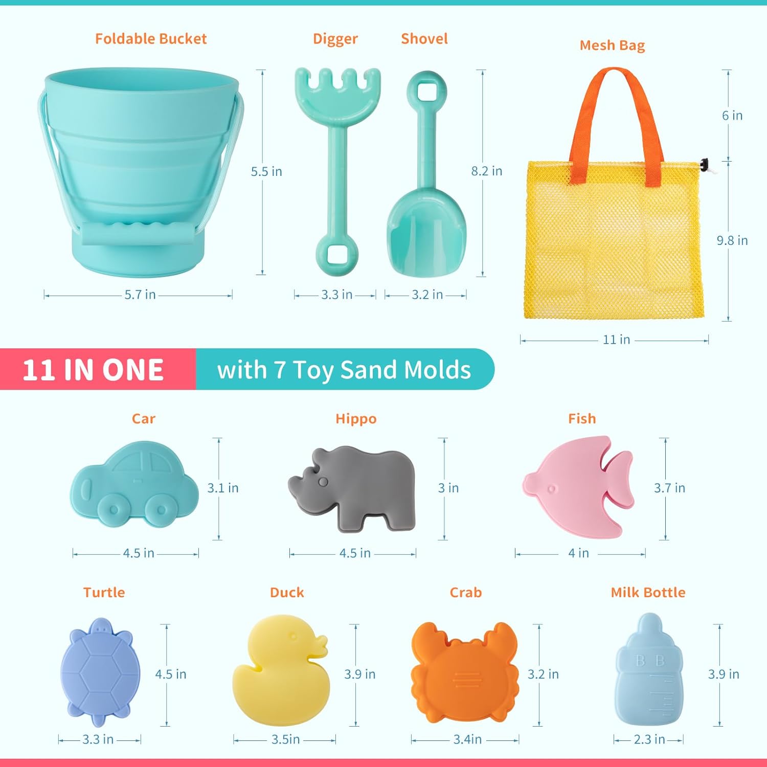 WEYOVGO Juguetes de playa de silicona plegables para la playa, juguetes de playa para niños, cubo de arena y palas con bolsa de malla, moldes de