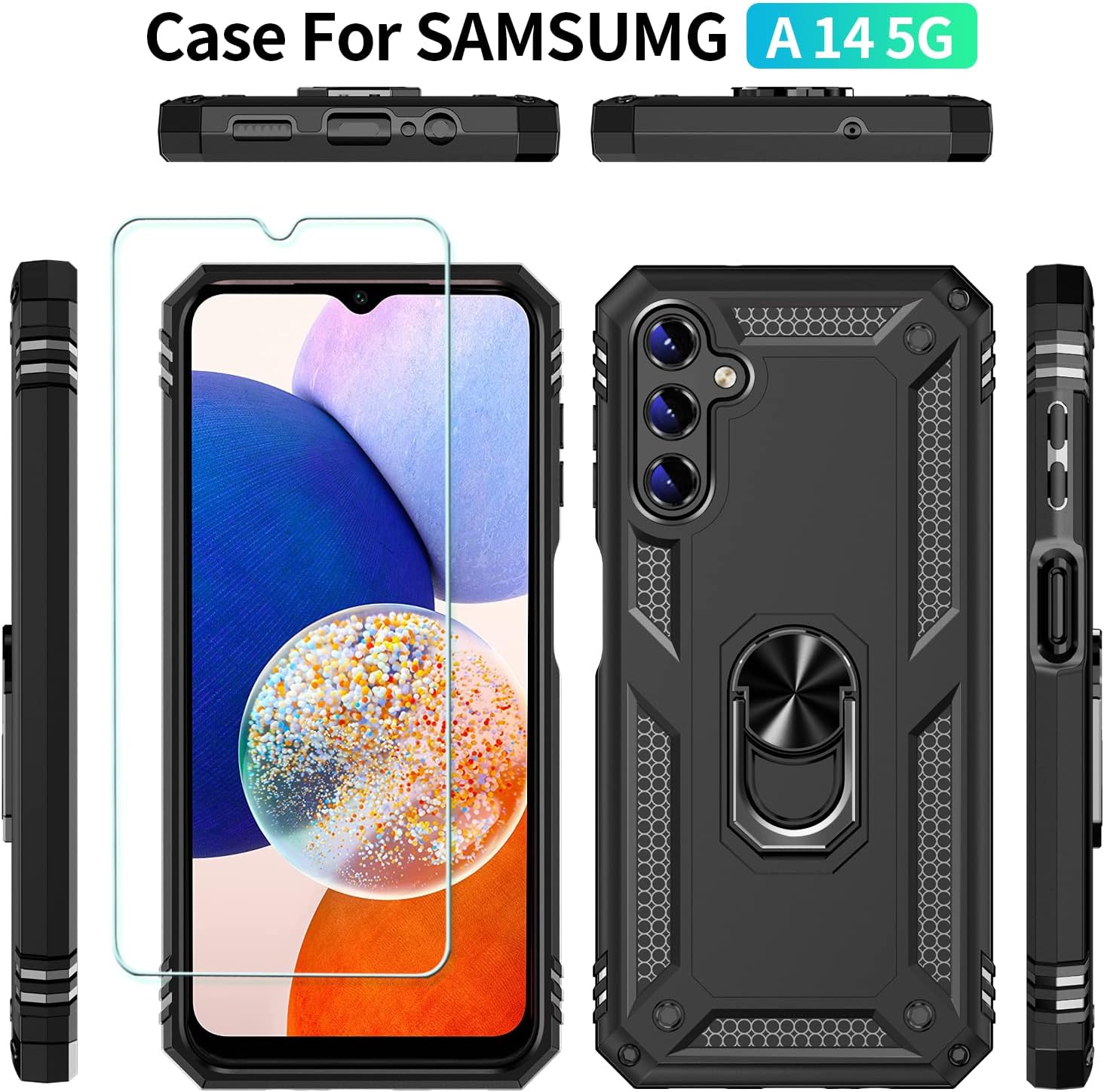 Anvzle Funda para Samsung Galaxy A14 5G  A14 4G con protector de pantalla, funda para Galaxy A14 de doble capa protectora resistente para teléfono