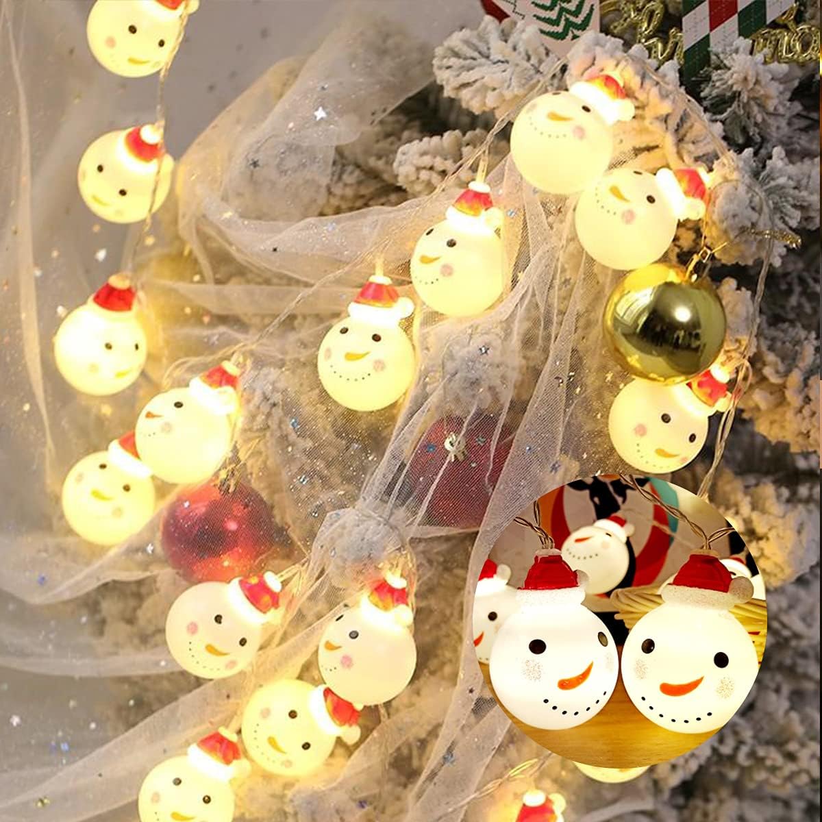 Guirnalda de luces de Navidad, 10 luces de muñeco de nieve, impermeables, luces de Navidad, decoración a pilas para Navidad, jardín, patio,