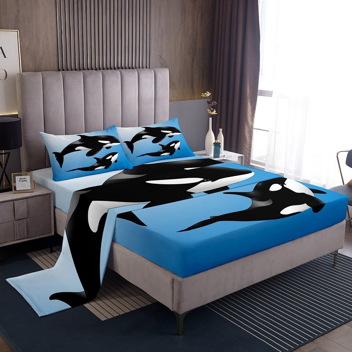 Juego de sábanas de ballena oceánica, juego de ropa de cama de orcas con animales de mar profundo, juego de sábanas hawaianas con bolsillo profundo