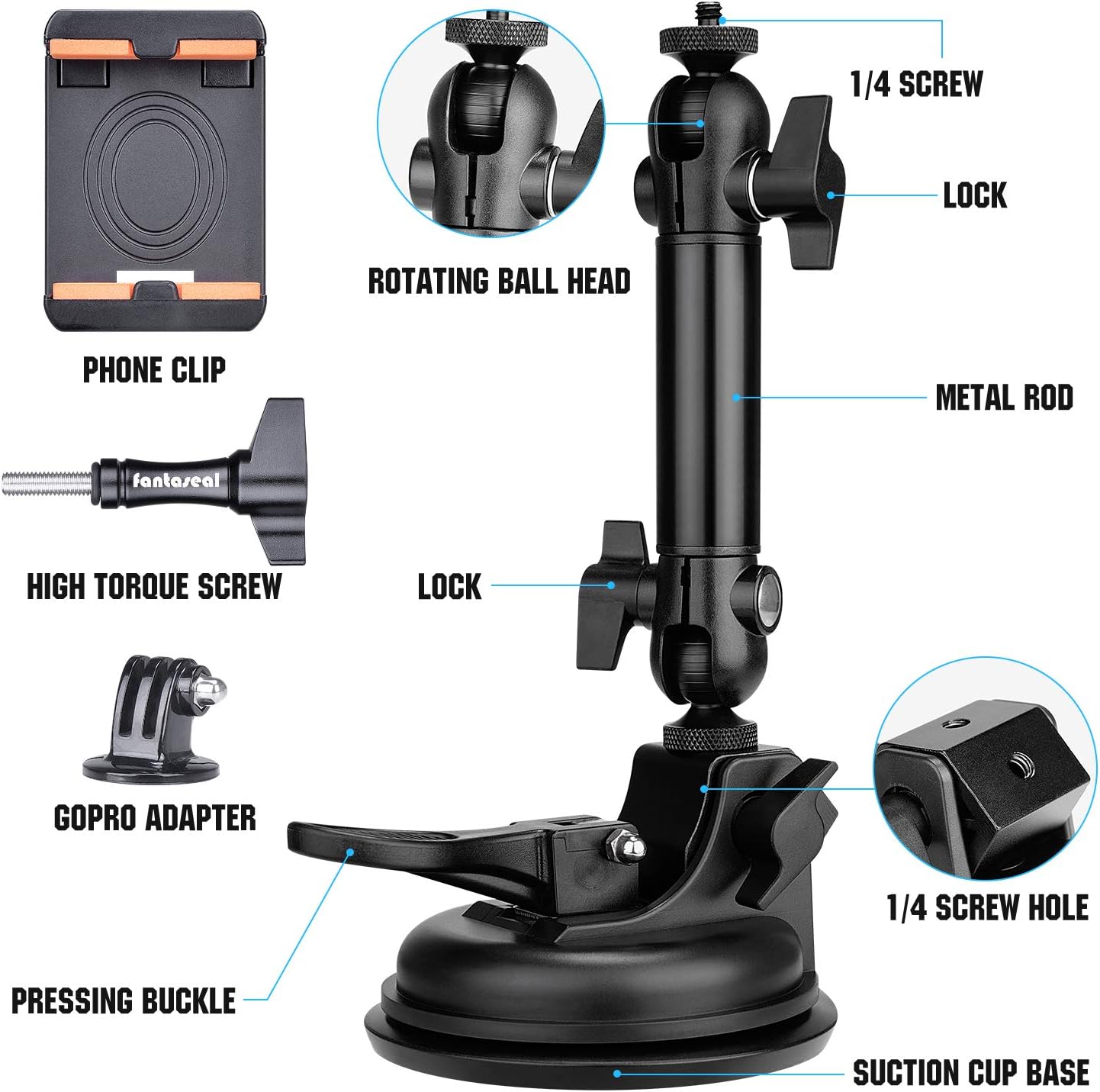 Ventosa resistente de 100 mm + cámara de acción ajustable de doble cabeza de bola para tablero de coche, soporte para automóvil, ventana, soporte