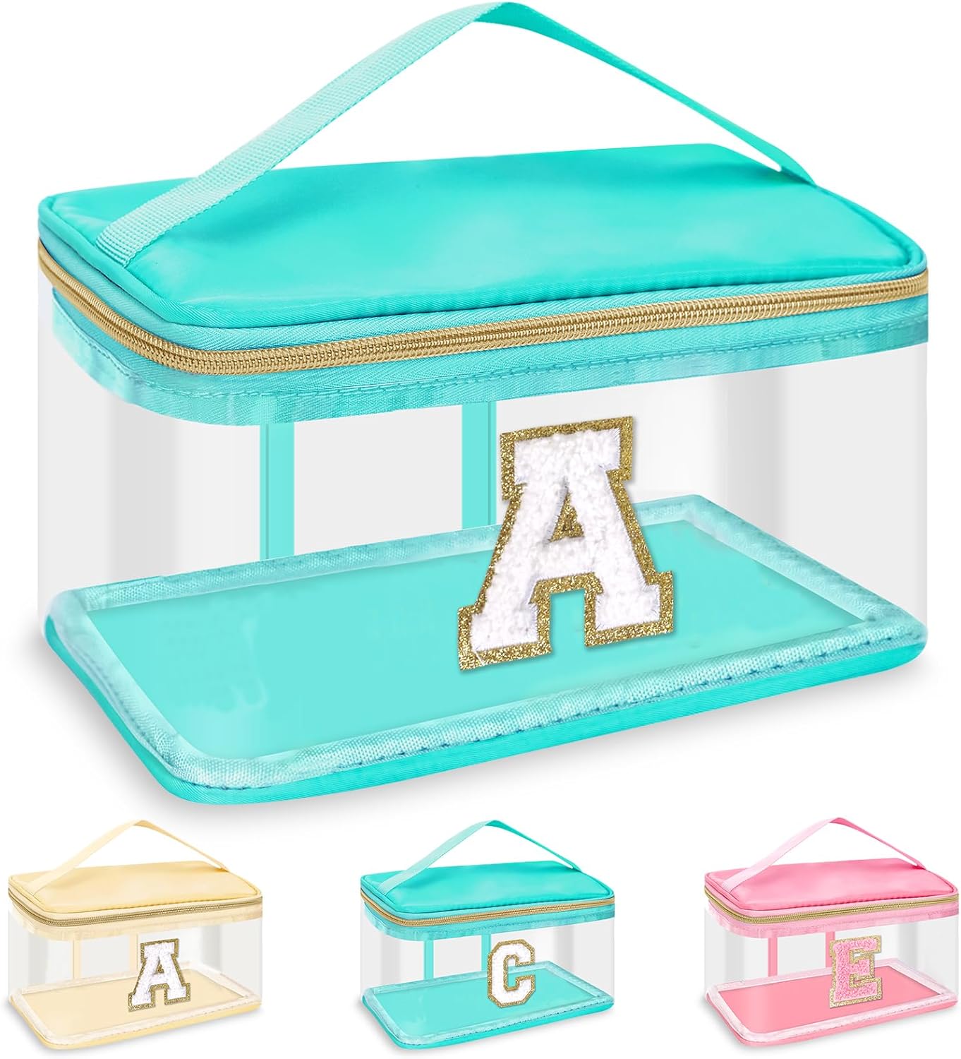 izuzta Bolso de maquillaje claro personalizado con letra inicial grande Preppy Patch Cosmetic Bag Zipper con asa, Bolsa verde-letra blanca