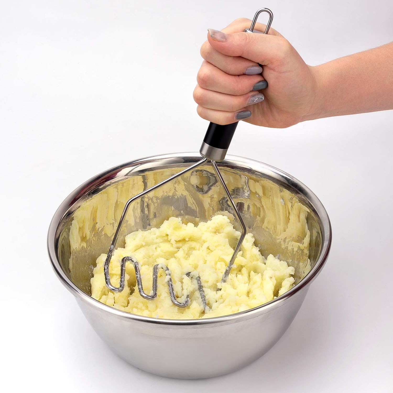 Paquete de 2 machacadores de patatas de acero inoxidable de alta resistencia, onduladas y redondas, mango antideslizante y no es fácil de doblar,