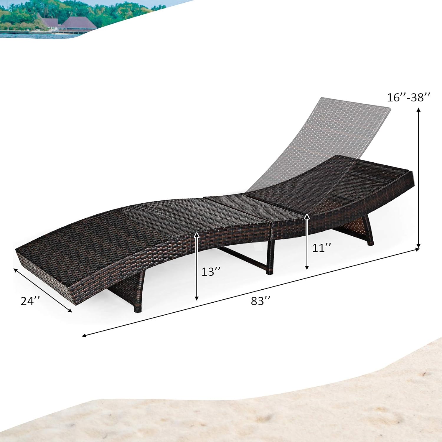 COSTWAY Silla plegable de ratán para patio, tumbona, ajustable, con cojín turquesa