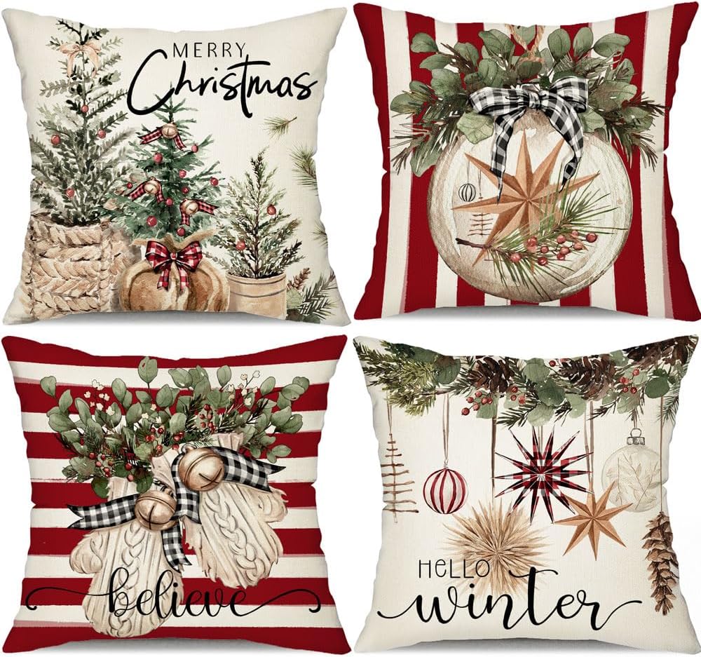 DFXSZ Juego de 4 fundas de almohada de Navidad de 20 x 20 pulgadas, guantes de árbol de Navidad decorativos de invierno con diseño de rayas rojas y